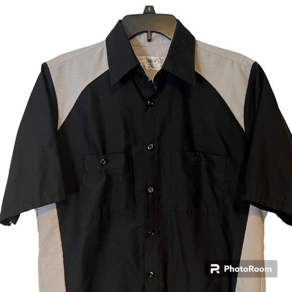 Red Kap Button Up Shirt Mens Medium Short Sleeve Black Gray Retro - Picture 11 of 11
